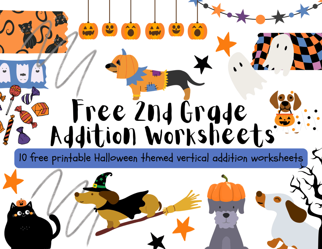 Free printable halloween themed 2nd grade vertical addition worksheets set of 10
