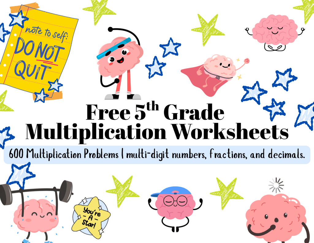 Free printable 5th grade multiplication worksheets with 600 unique multiplication problems covering fractions, decimals, and whole numbers