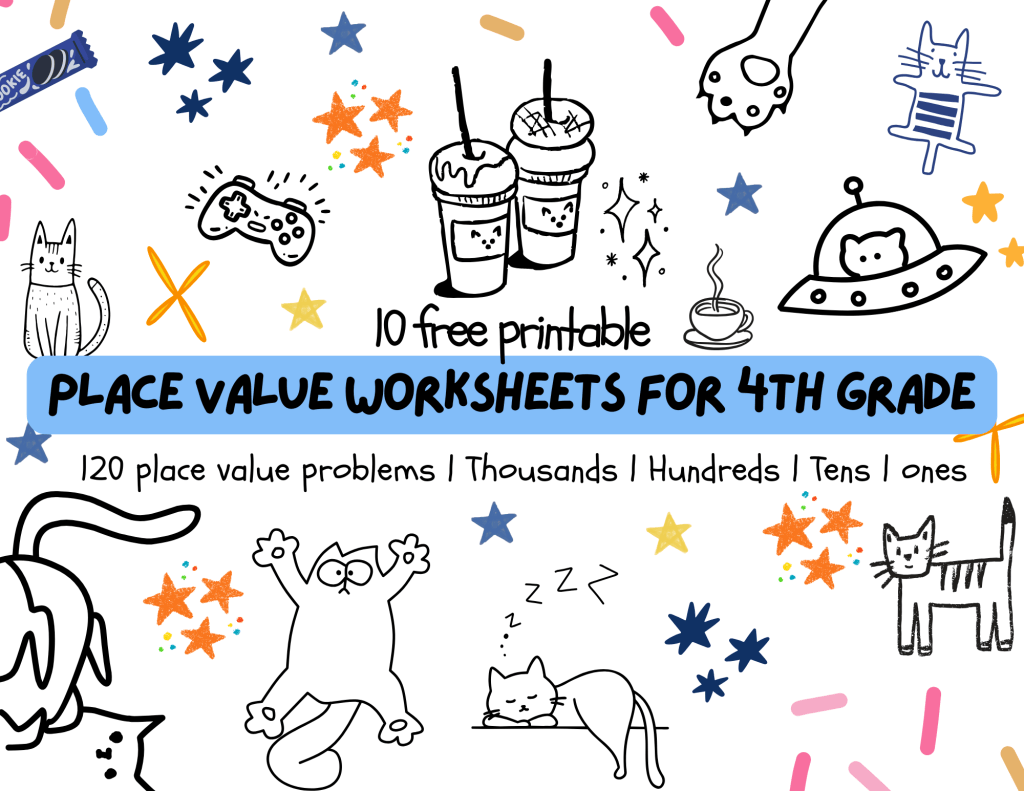 Printable fourth grade place value worksheet for identifying thousands, hundreds, tens, and ones in four-digit numbers. 120 problems.