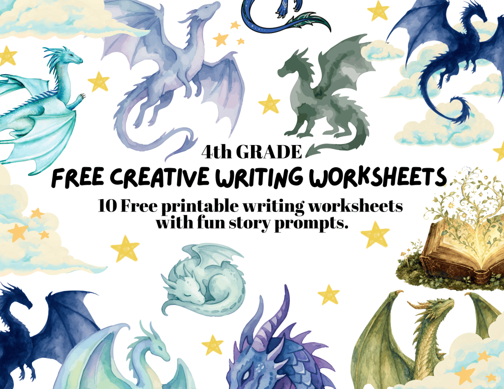 10 free printable 4th grade creative writing worksheets with imaginative story prompts and lined writing paper.