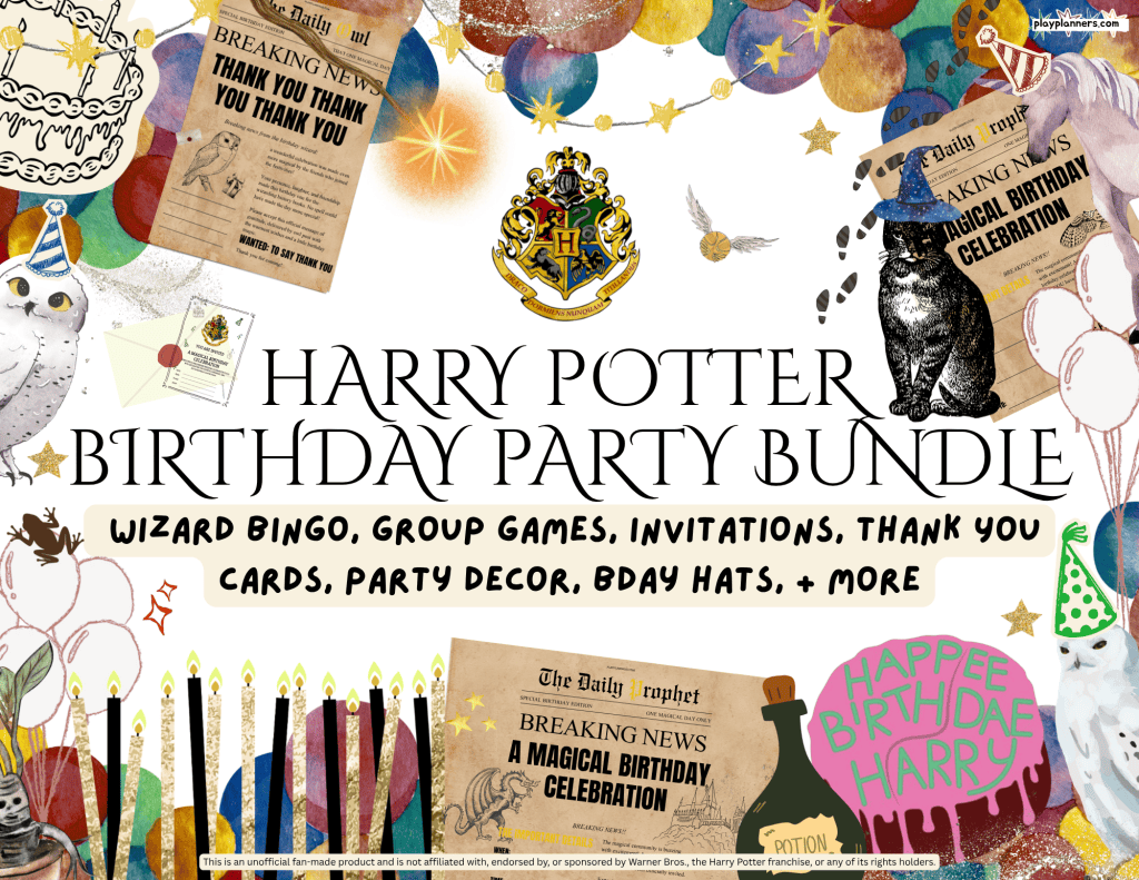 Harry Potter birthday party printable bundle featuring themed invitations, bingo games, birthday hats, welcome signs, thank-you cards, and magical party decorations for a wizard-themed birthday celebration.