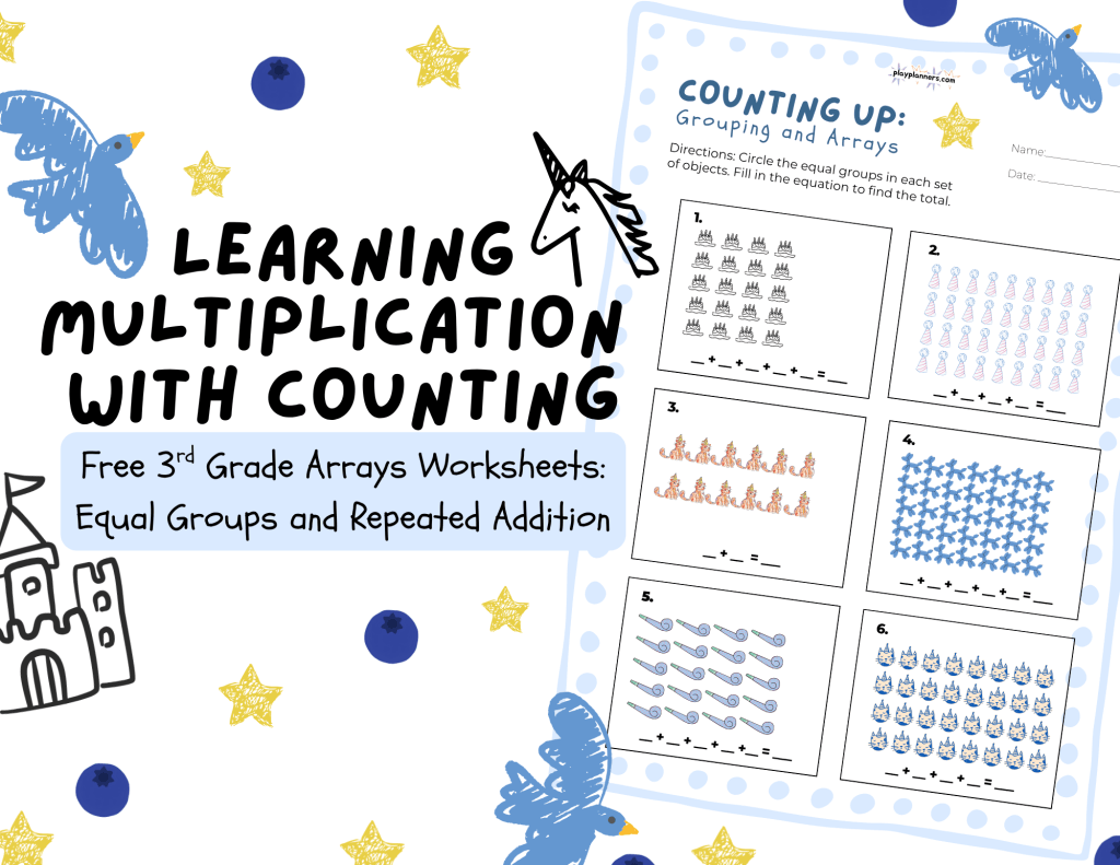 Free third grade arrays worksheet with picture-based equal groups for students to circle, write repeated addition equations, and find the total.