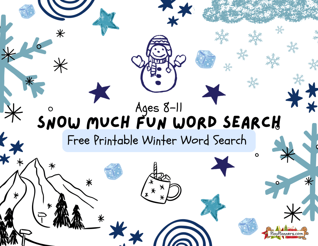Free printable Cozy Winter word search for kids ages 8–11 featuring 32 hidden winter words, including Squishmallows, fuzzy socks, snowball fights, and movie marathons.