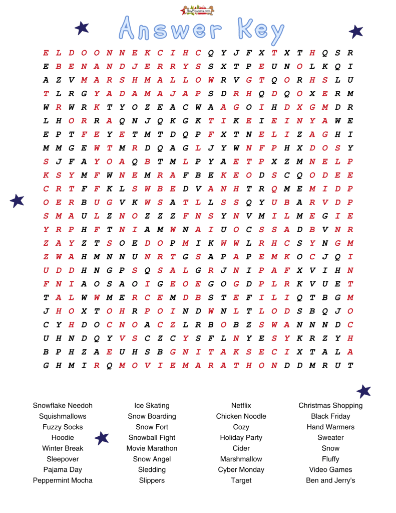 Winter Word Search Answer Key: Answer key for the free Cozy Winter word search printable, showing the locations of all 32 hidden winter words.