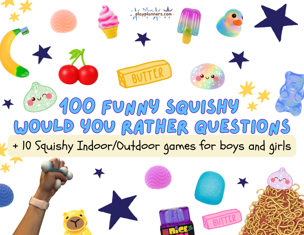 100 funny squishy would you rather questions for kids featuring colorful NeeDoh toys, squishy stress balls, and mystery dumpling toys for fun kids' games.