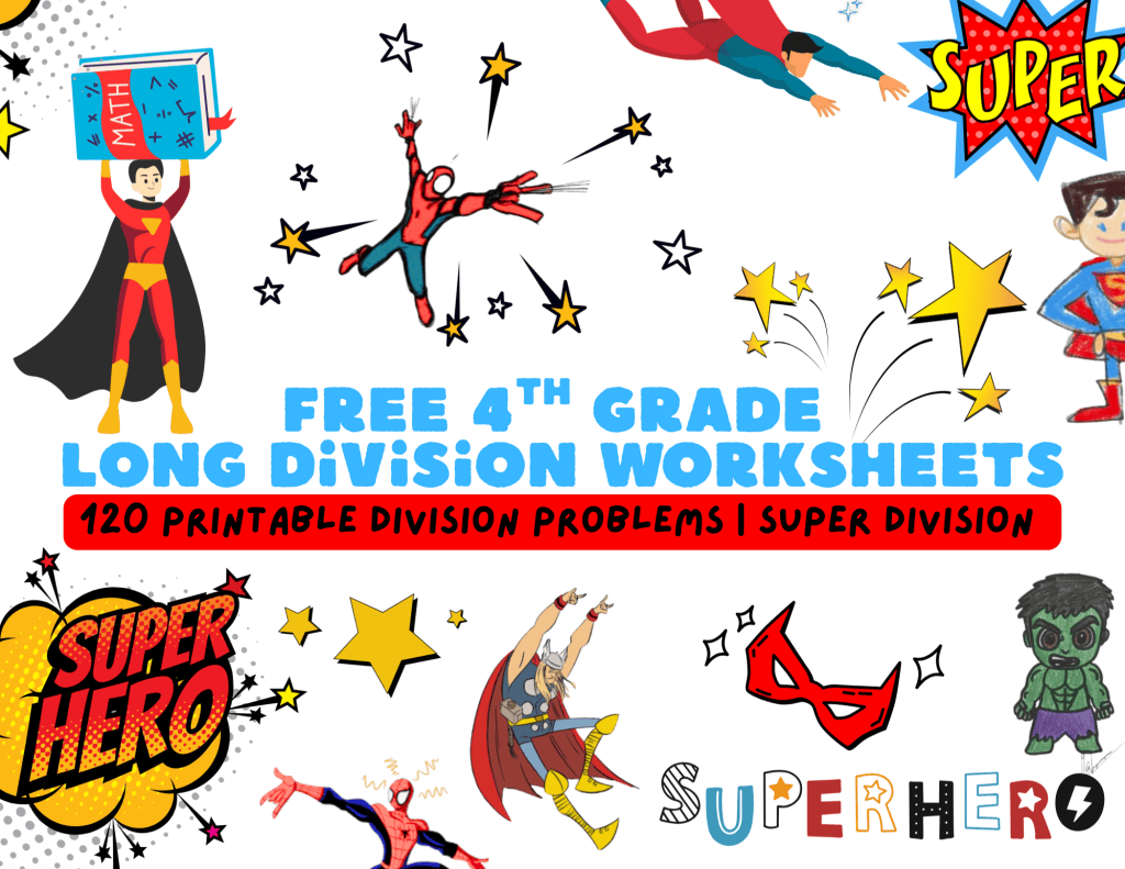 Free Super Division fourth grade long division worksheets with four-digit dividends and one-digit divisors, featuring 12 division problems per printable page.